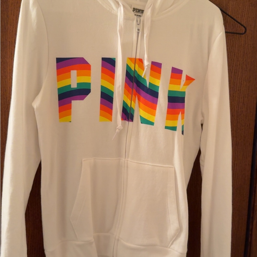 White Hoodie with Rainbow PINK Logo